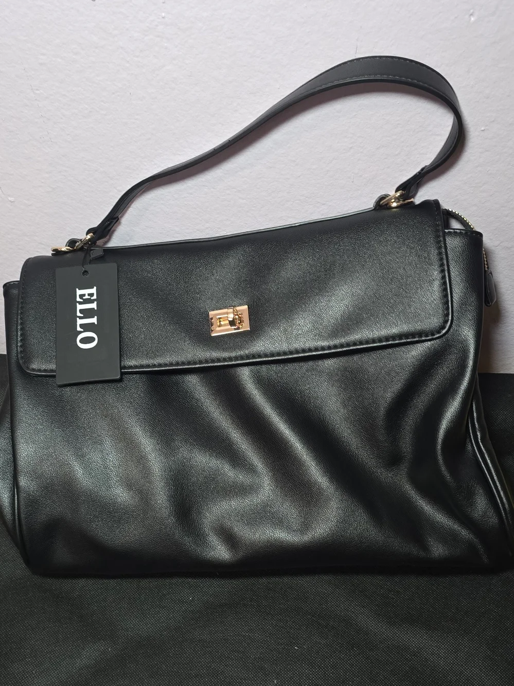 Black Faux Leather Shoulder Bag with Gold Hardware